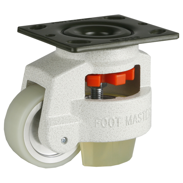Foot Master Leveling Caster, 75 mm Polyurethane Wheel, 4 x 4-1/2 Plate, Swivel, 800 kg Cap, PU Foot Pad, Ivory GD-100-F-HUP-CUR-PUS